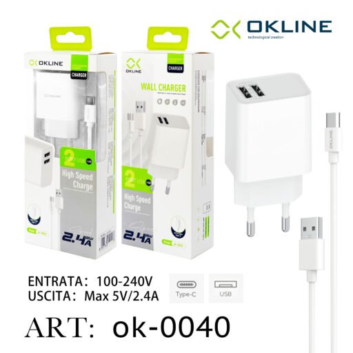 Art.Ok-0040 Okline Usb Caricatore Da Muro 2.4A Con Type-C Usb Cavo Bianco