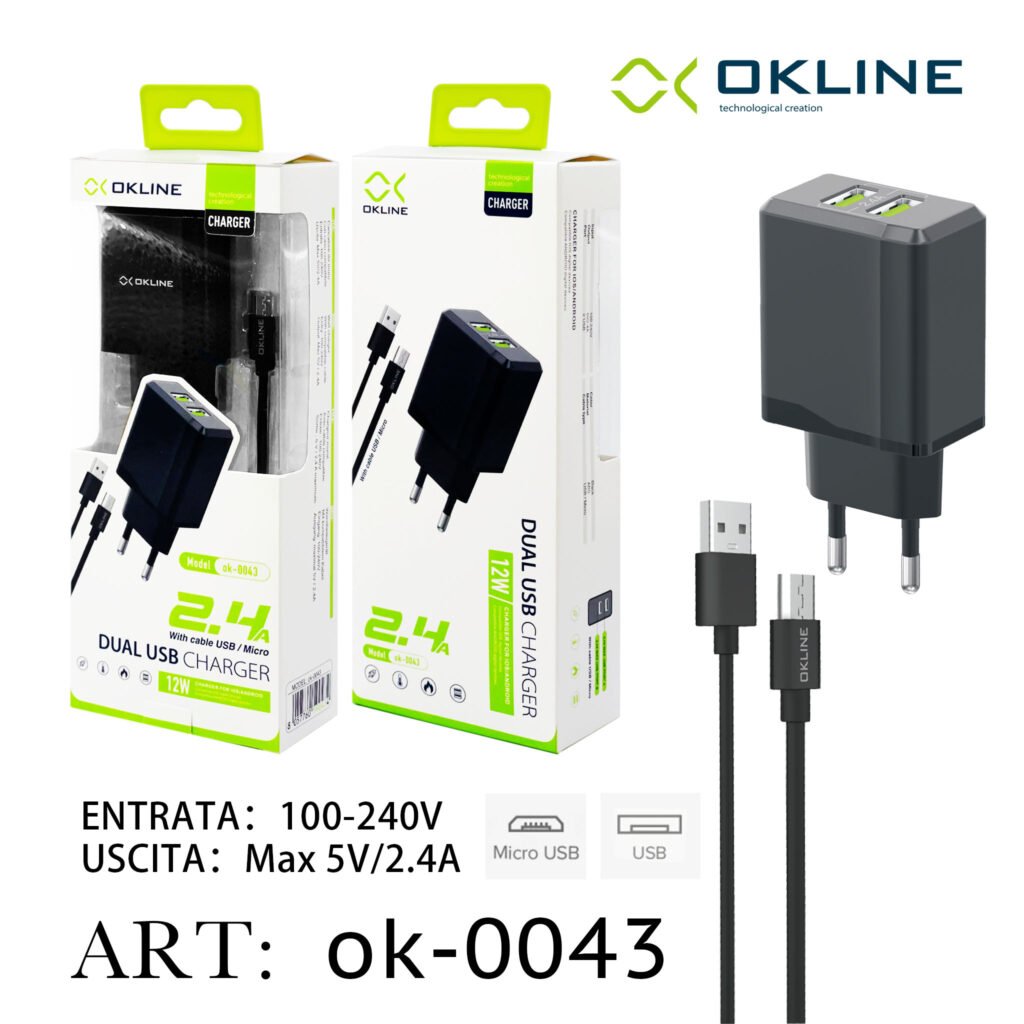 ART.OK-0043 OKLINE USB Caricatore da muro 2.4A Con Micro USB Cavo Nero