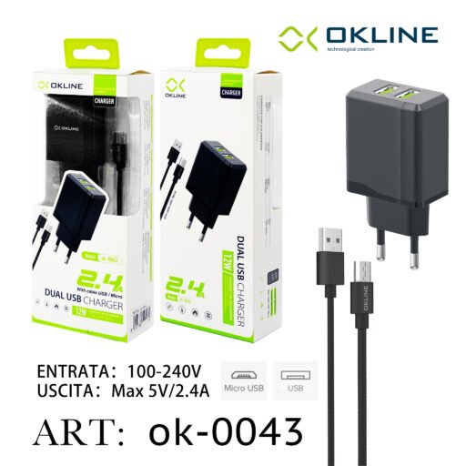 Art.Ok-0043 Okline Usb Caricatore Da Muro 2.4A Con Micro Usb Cavo Nero