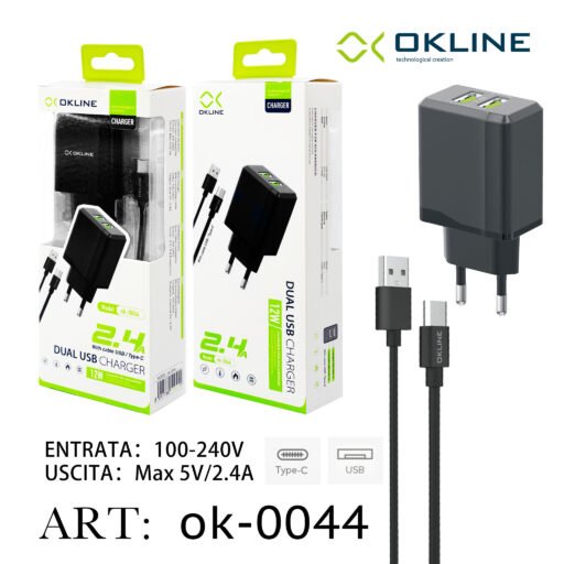 Art.Ok-0044 Okline Usb Caricatore Da Muro 2.4A Con Type-C Usb Cavo Nero