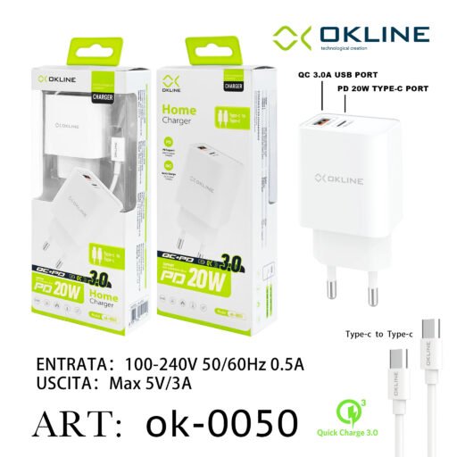 Art.Ok-0050 Okline Caricatore Da Muro 20W Con Cavo Compatibile Bianco Type-C To Type-C