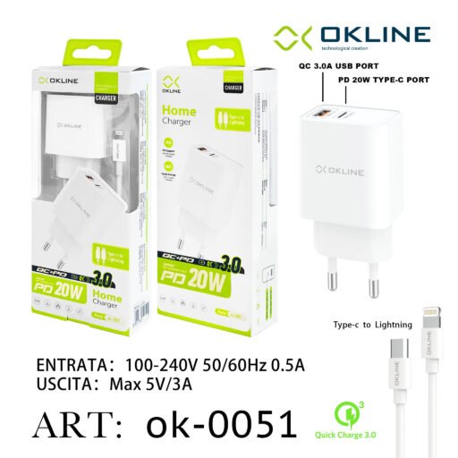 Art.Ok-0051 Okline Caricatore Da Muro 20W Con Cavo Compatibile Bianco Type-C To Iphone Lightning