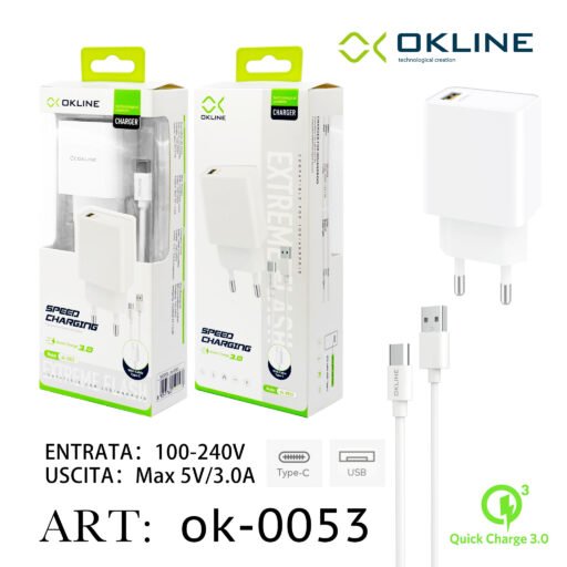 Art.Ok-0053 Okline Usb Caricatore Da Muro Qc3.0 Con Type-C Usb Cavo Bianco