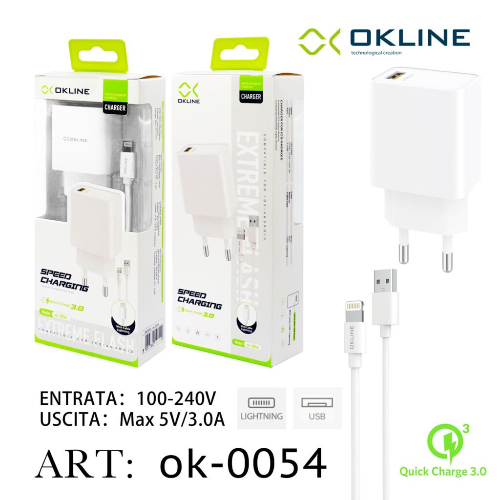 Art.Ok-0054 Okline Usb Caricatore Da Muro Qc3.0 Con Iphone Lightning Usb Cavo Bianco