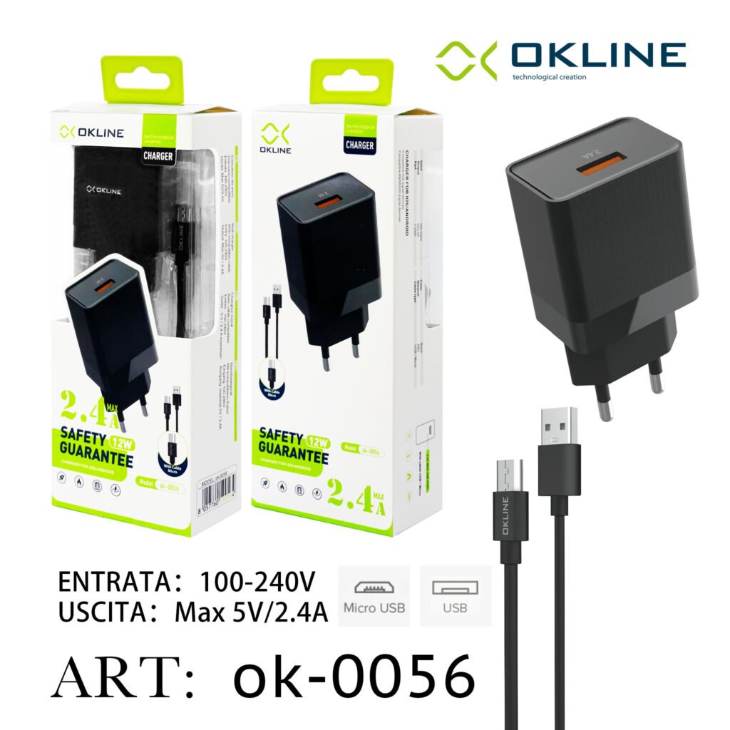 ART.OK-0056 OKLINE USB Caricatore da muro 2.4A Con Micro USB Cavo Nero