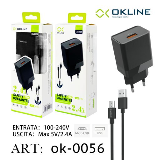 Art.Ok-0056 Okline Usb Caricatore Da Muro 2.4A Con Micro Usb Cavo Nero