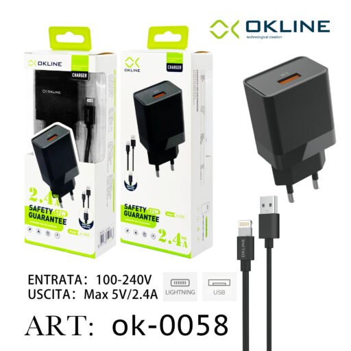 Art.Ok-0058 Okline Usb Caricatore Da Muro 2.4A Con Iphone Lightning Usb Cavo Nero