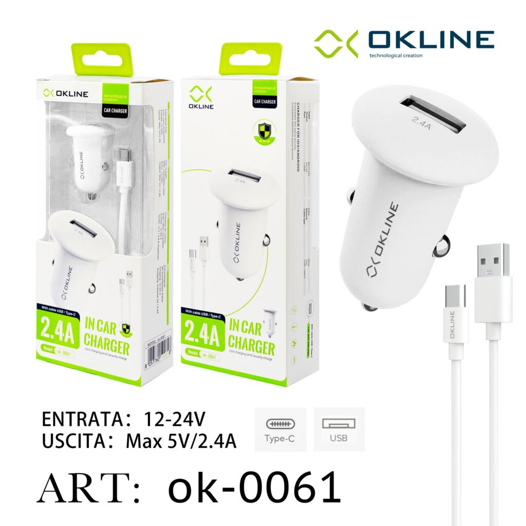 ART.OK-0061 OKLINE USB Caricatore Auto 2.4A Con Type-C USB Cavo Bianco