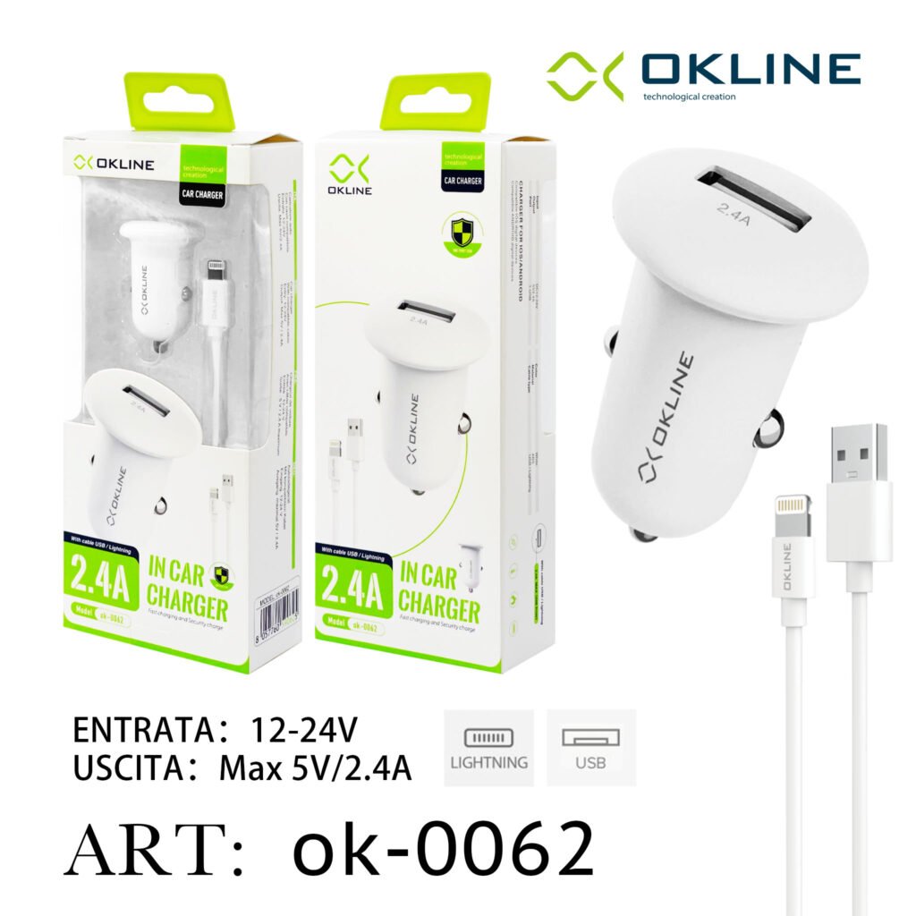 ART.OK-0062 OKLINE USB Caricatore Auto 2.4A Con Iphone Lightning USB Cavo Bianco