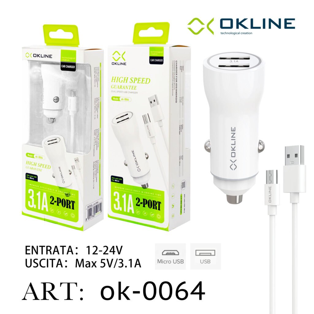 ART.OK-0064 OKLINE USB Caricatore Auto 3.1A Con Micro USB Cavo Bianco
