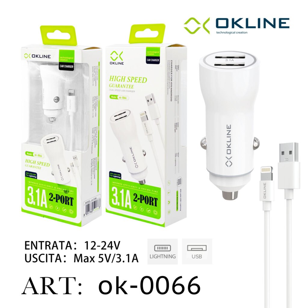 ART.OK-0066 OKLINE USB Caricatore Auto 3.1A Con Iphone Lightning USB Cavo Bianco