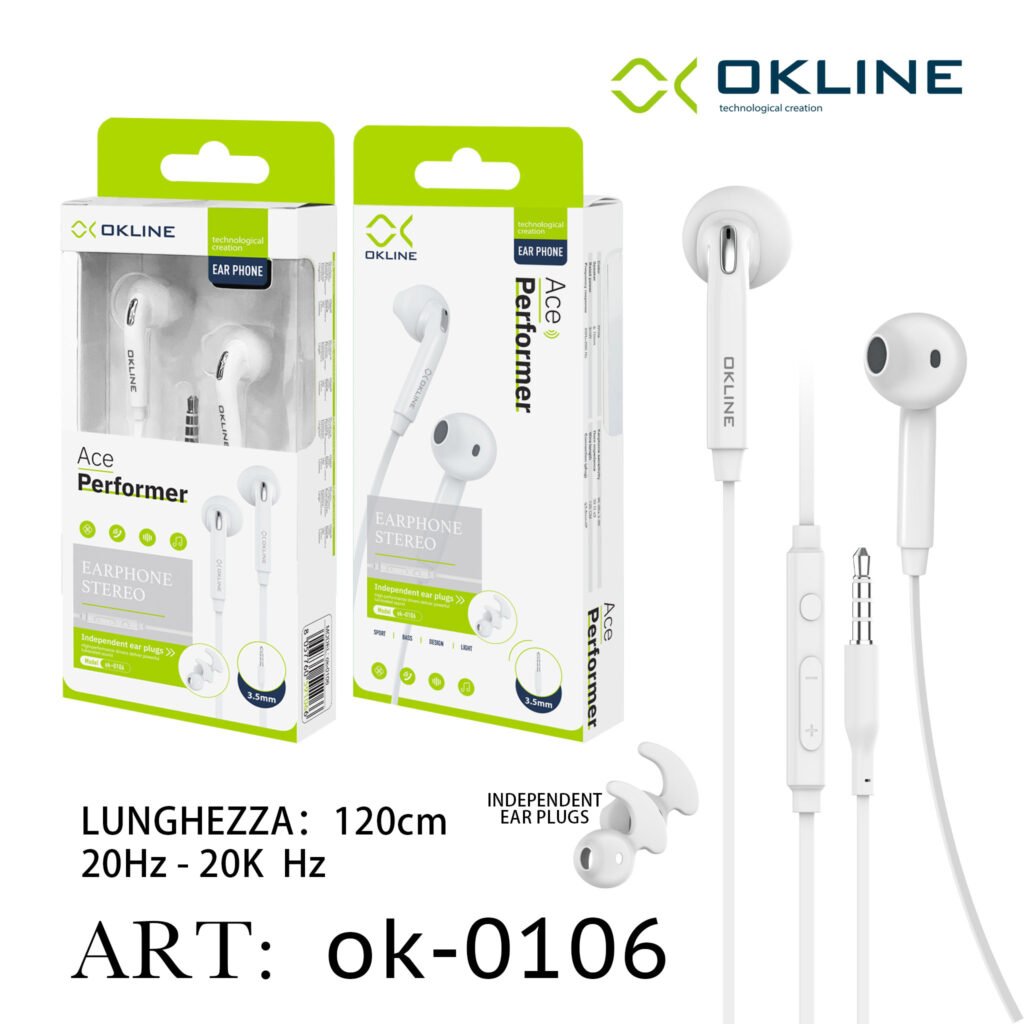 ART.OK-0106 OKLINE ACE AURICOLARE A FILO UNIVERSALE 3.5MM BIANCO
