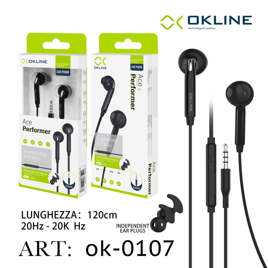ART.OK-0107 OKLINE ACE AURICOLARE A FILO UNIVERSALE 3.5MM NERO
