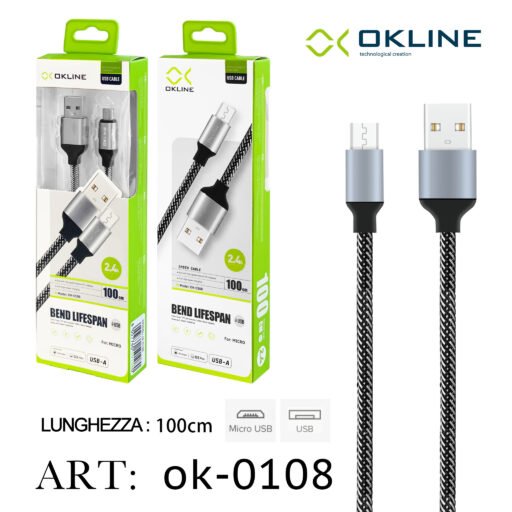 Art.Ok-0108 Okline Micro Usb Cavo Intrecciato 2.4A 100Cm Argento