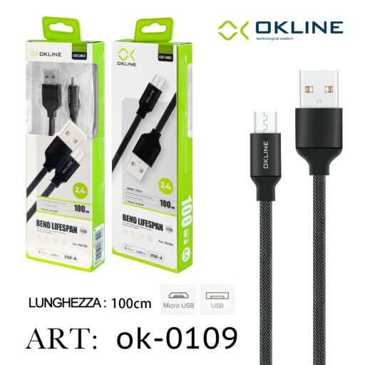 Art.Ok-0109 Okline Micro Usb Cavo Intrecciato 2.4A 100Cm Nero