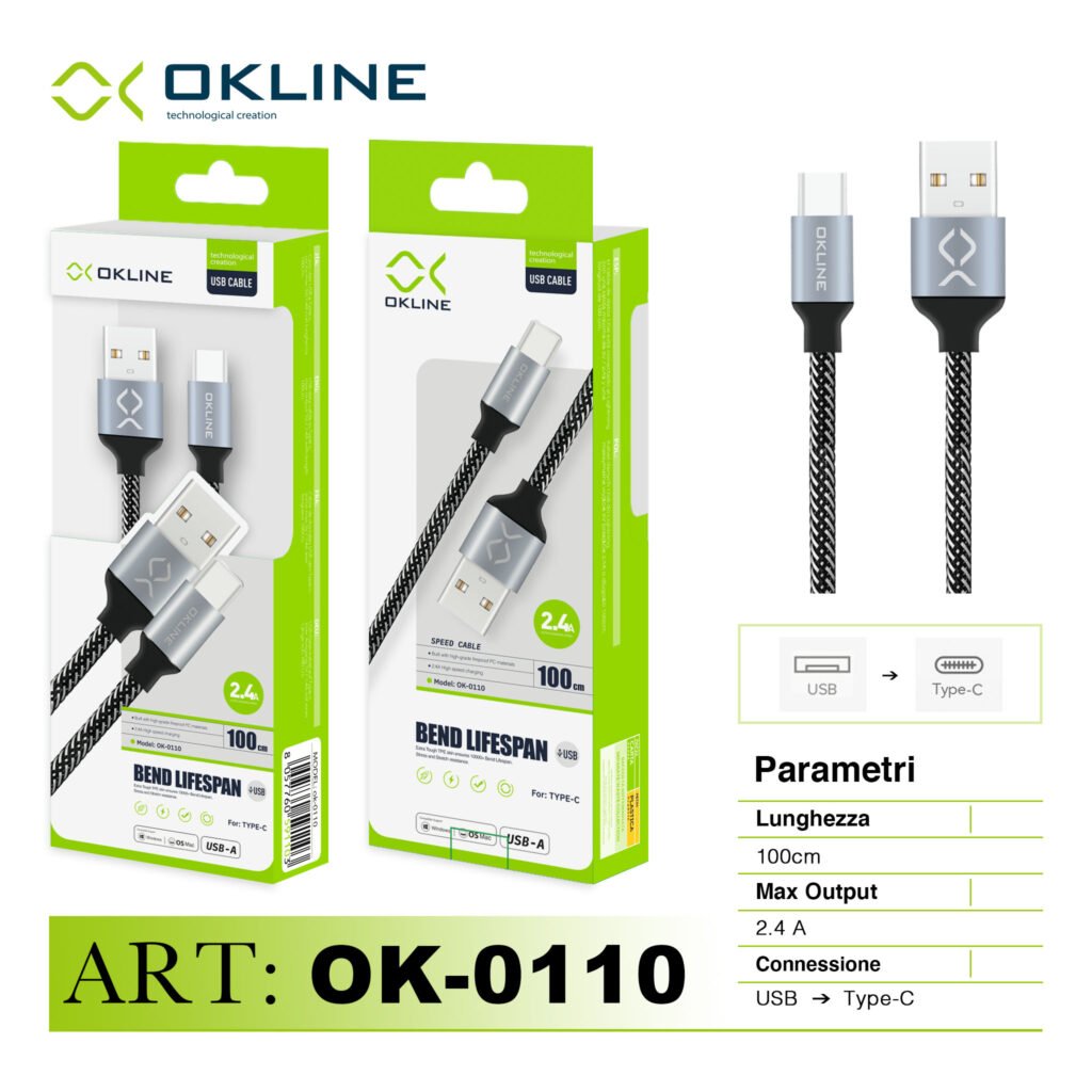 ART.OK-0110 OKLINE Type-C USB Cavo intrecciato 2.4A 100cm Argento