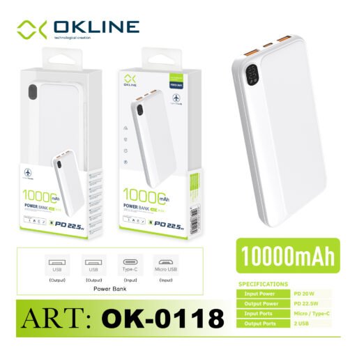 Art.Ok-0118 Okline White Display Led Power Bank 10000Mah Con Uscita Pd 22.5W Pb32