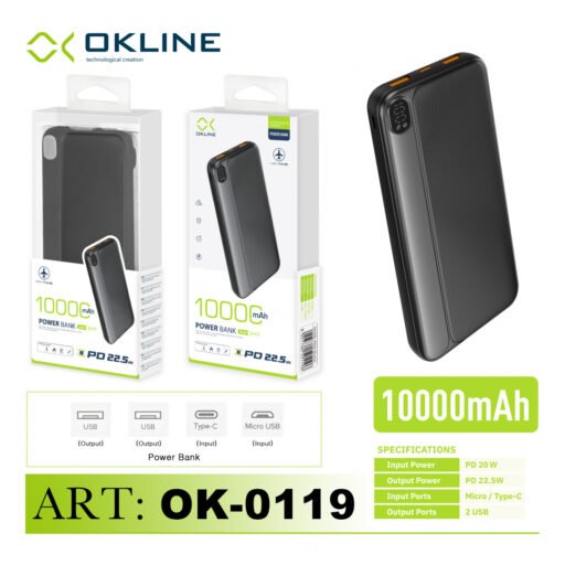 Art.Ok-0119 Okline Black Display Led Power Bank 10000Mah Con Uscita Pd 22.5W Pb32