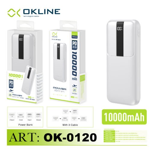 Art.Ok-0120 Okline White Display Led Power Bank 10000Mah Con Uscita Pd 22.5W E Cavi Incorporati