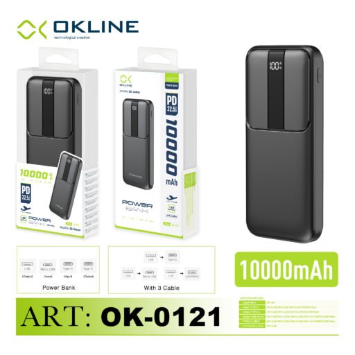 Art.Ok-0121 Okline Black Display Led Power Bank 10000Mah Con Uscita Pd 22.5W E Cavi Incorporati