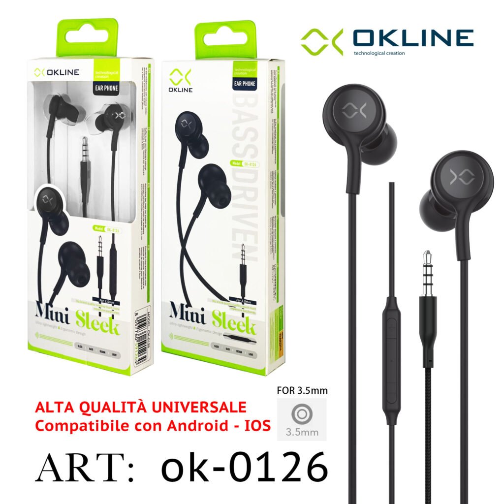 ART.OK-0126 OKLINE MINI SLEEK AURICOLARE A FILO INTRECCIATO 3.5MM NERO
