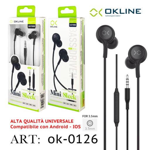 Art.Ok-0126 Okline Mini Sleek Auricolare A Filo Intrecciato 3.5Mm Nero