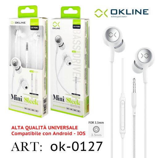 Art.Ok-0127 Okline Mini Sleek Auricolare A Filo Intrecciato 3.5Mm Bianco