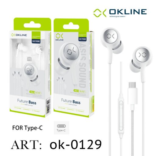 Art.Ok-0129 Okline Future Bass Auricolare A Filo Intrecciato Type-C Bianco