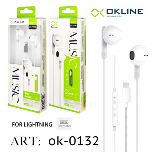 Art.Ok-0132 Okline Music Auricolare A Filo Intrecciato Iphone Lightning Bianco