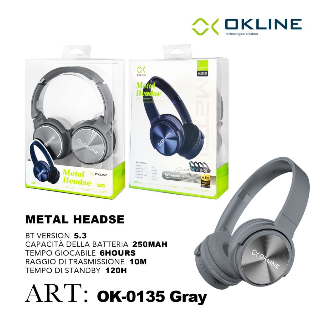 Art.Ok-0135Gri Okline Metal Headse Cuffie Bluetooth Grigio