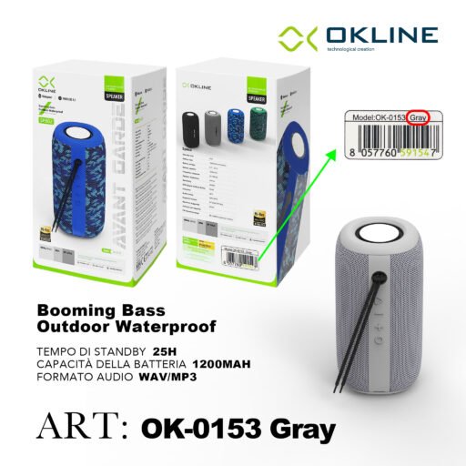 Art.Ok-0153Gri Okline Booming Bass Stereo Waterproof Wireless Grigio