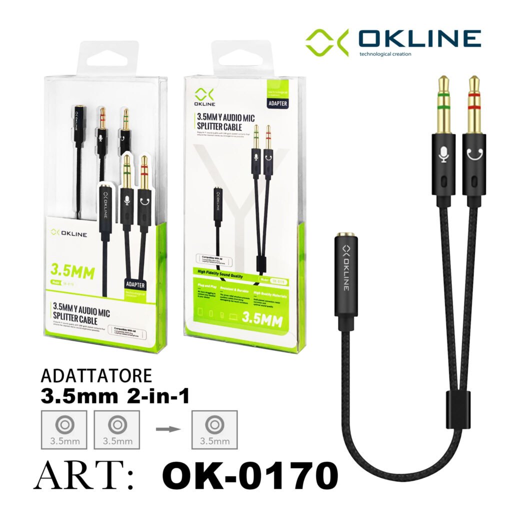 ART.OK-0170 OKLINE CAVO JACK 3.5MM FEMMINA A 2MASCHIO ADATTATORE SDOPPIATORE CUFFIE E MICROFONO NERO
