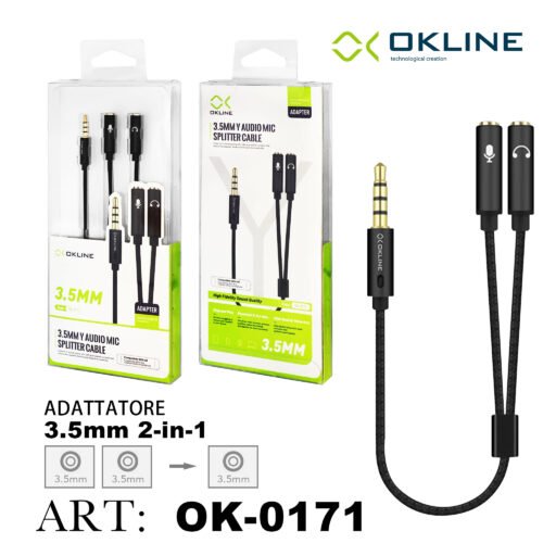 Art.Ok-0171 Okline Cavo Jack 3.5Mm Maschio A 2Femmina Adattatore Sdoppiatore Cuffie E Microfono Nero