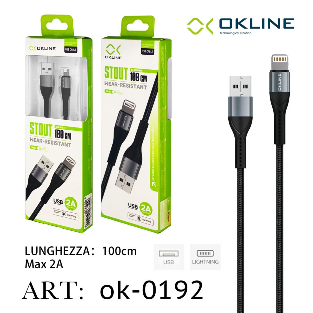 ART.OK-0192 OKLINE Iphone Lightning USB Cavo intrecciato 2A 100cm Grigio