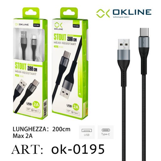 Art.Ok-0195 Okline Type-C Usb Cavo Intrecciato 2A 200Cm Grigio