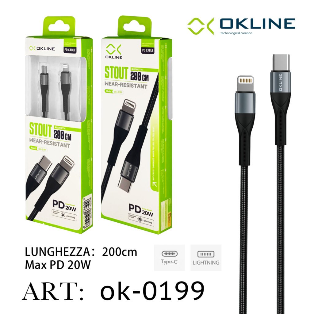 ART.OK-0199 OKLINE Type-C Iphone Lightning Cavo intrecciato 20W200cm Grigio