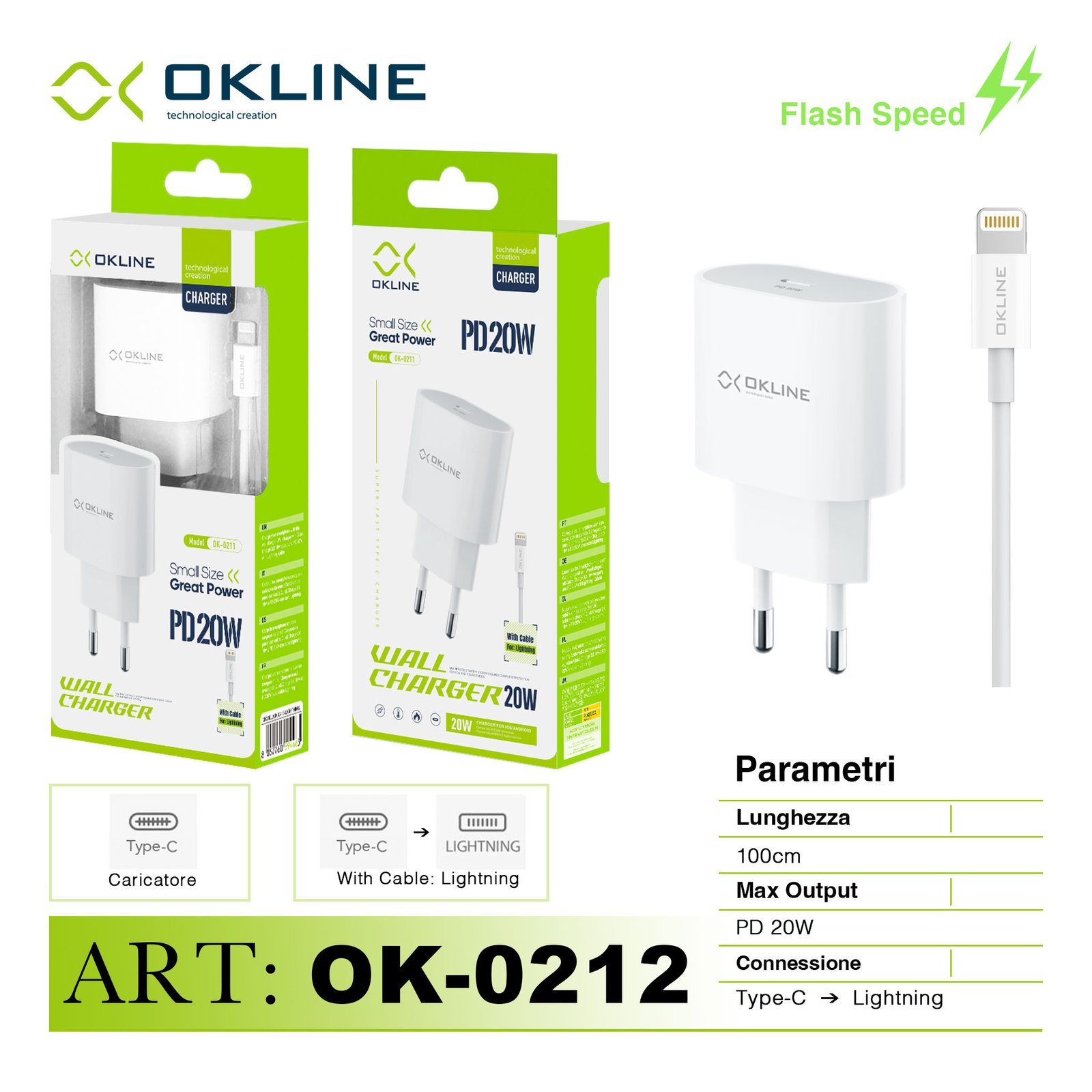 Art.Ok-0211Ip Okline Caricatore Da Muro Pd20W Con Type-C Iphone Lightning Cavo Bianco