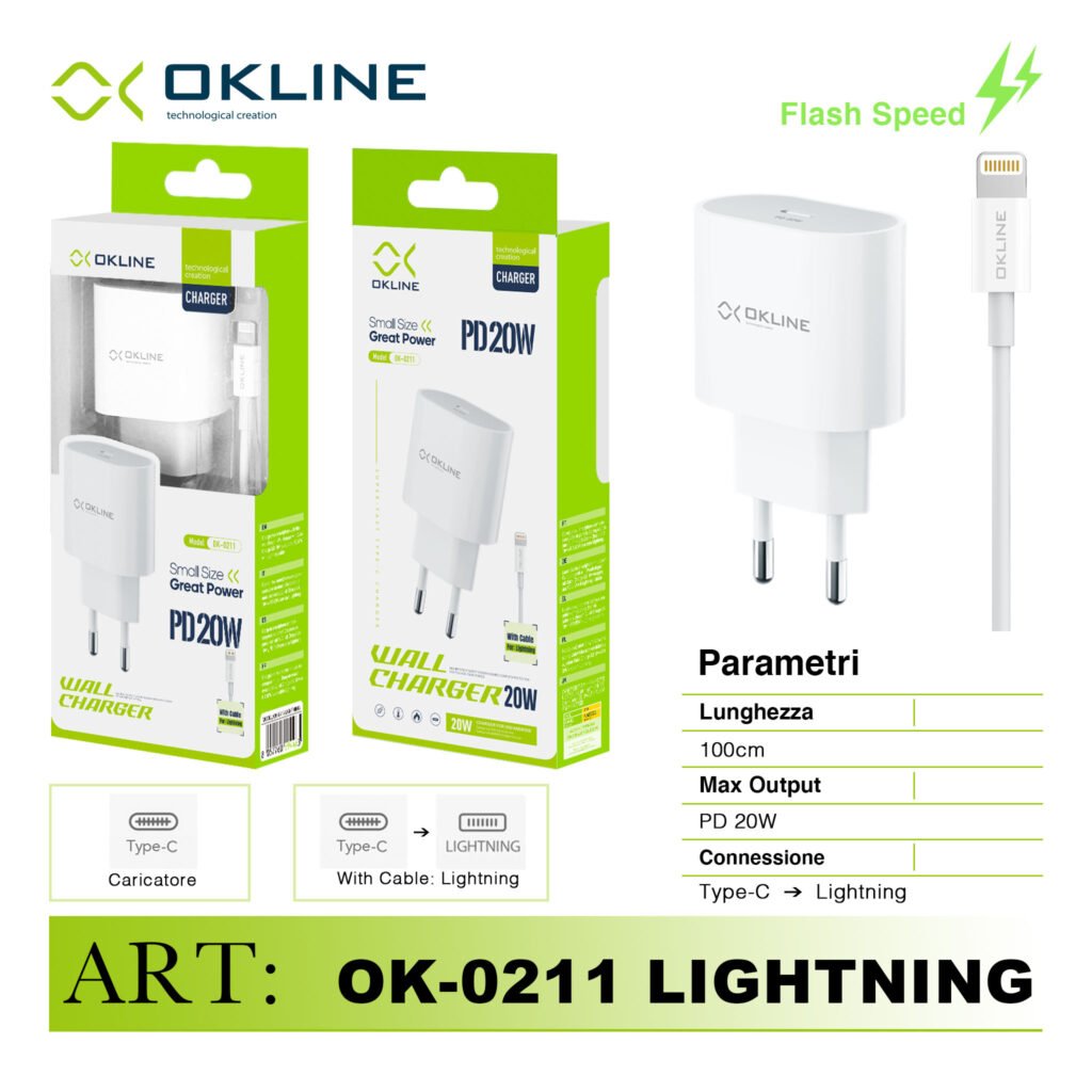 ART.OK-0211IP OKLINE Caricatore da muro PD20W Con Type-C Iphone Lightning Cavo Bianco