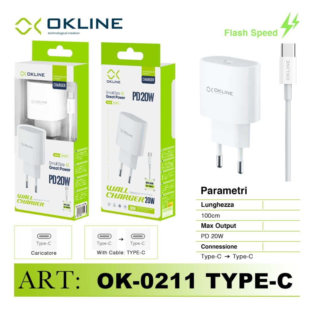 Art.Ok-0211Tc Okline Caricatore Da Muro Pd20W Con Type-C Type-C Cavo Bianco