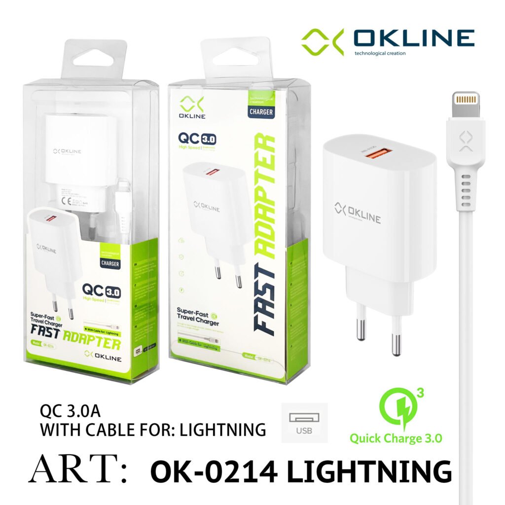 Art.Ok-0214Ip Okline Caricatore Da Muro Usbqc3.0 18W Con Iphone Lightning Usb Cavo Bianco