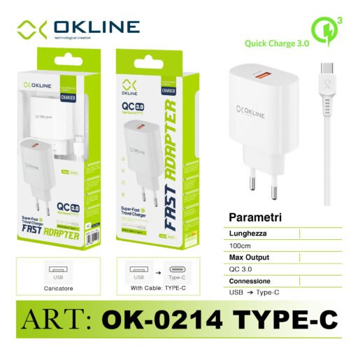 Art.Ok-0214Tc Okline Caricatore Da Muro Usbqc3.0 18W Con Type-C Usb Cavo Bianco