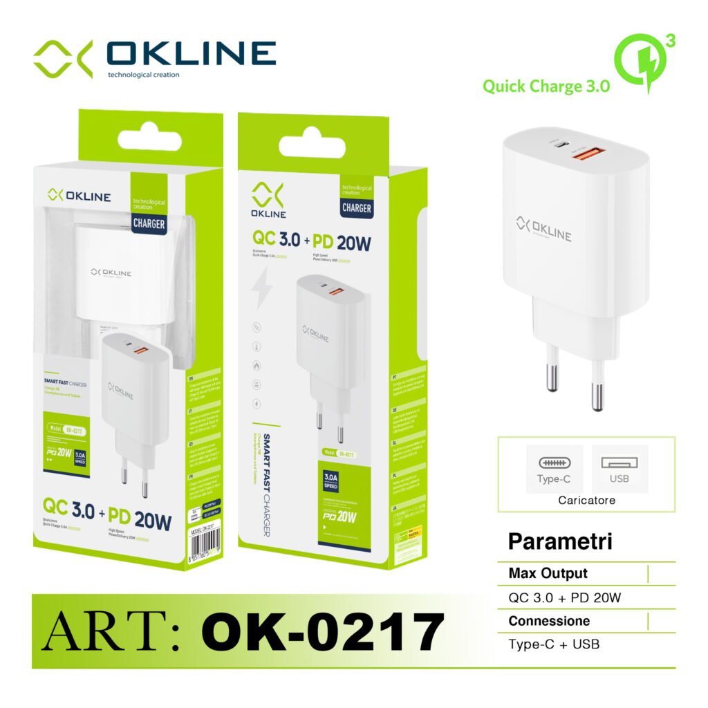 Art.Ok-0217N Okline Caricatore Da Muro Usbqc3.0 18W E Pd20W Bianco
