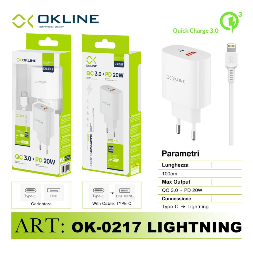 Art.Ok-0217Ip Okline Caricatore Da Muro Usbqc3.0 18W E Pd20W Con Type-C Iphone Lightning Cavo Bianco