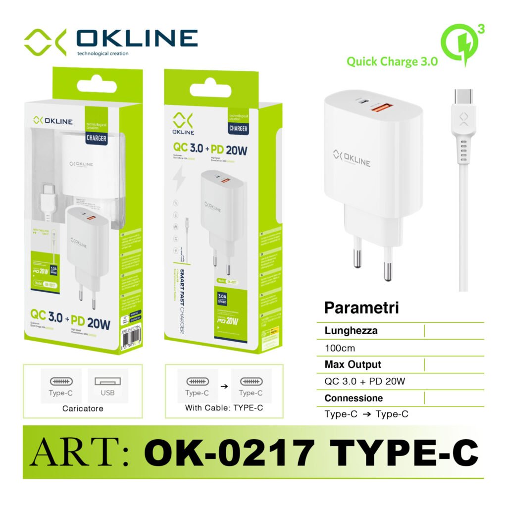 Art.Ok-0217Tc Okline Caricatore Da Muro Usbqc3.0 18W E Pd20W Con Type-C Type-C Cavo Bianco