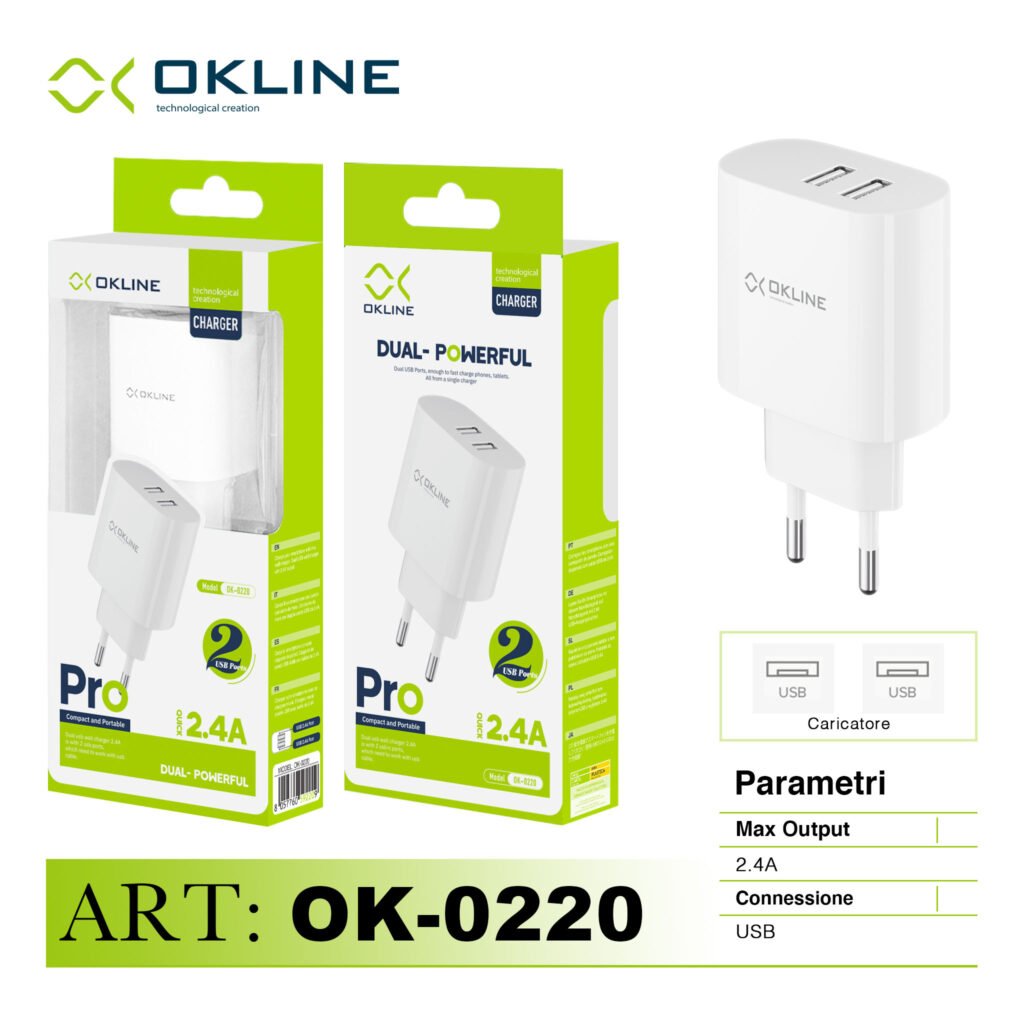 Art.Ok-0220N Okline Caricatore Da Muro Doppia Usb 2.4A Bianco