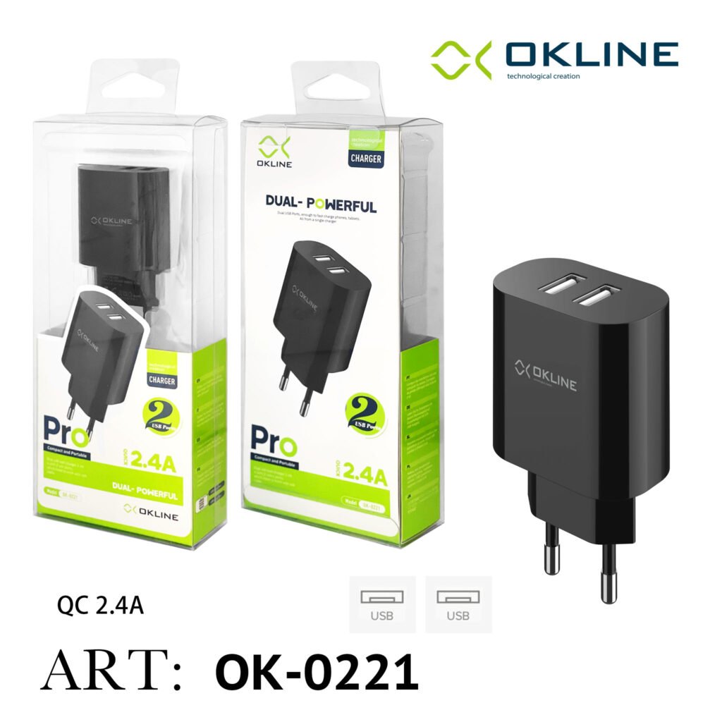 Art.Ok-0221N Okline Caricatore Da Muro Doppia Usb 2.4A Nero