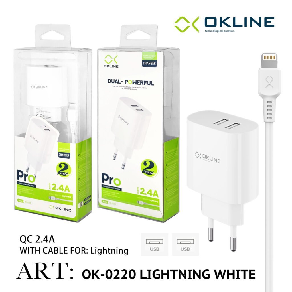 Art.Ok-0220Ip Okline Caricatore Da Muro Doppia Usb 2.4A Con Iphone Lightning Usb Cavo Bianco