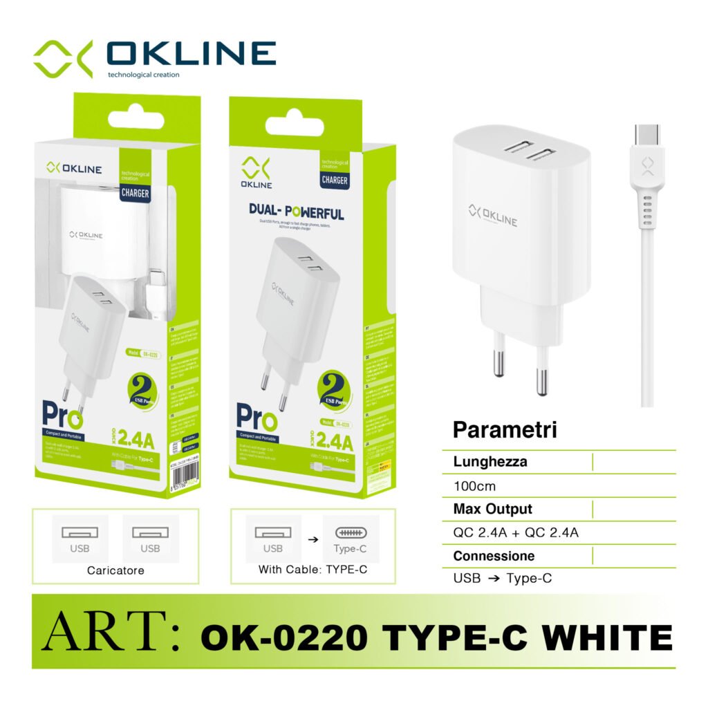 Art.Ok-0220Tc Okline Caricatore Da Muro Doppia Usb 2.4A Con Type-C Usb Cavo Bianco