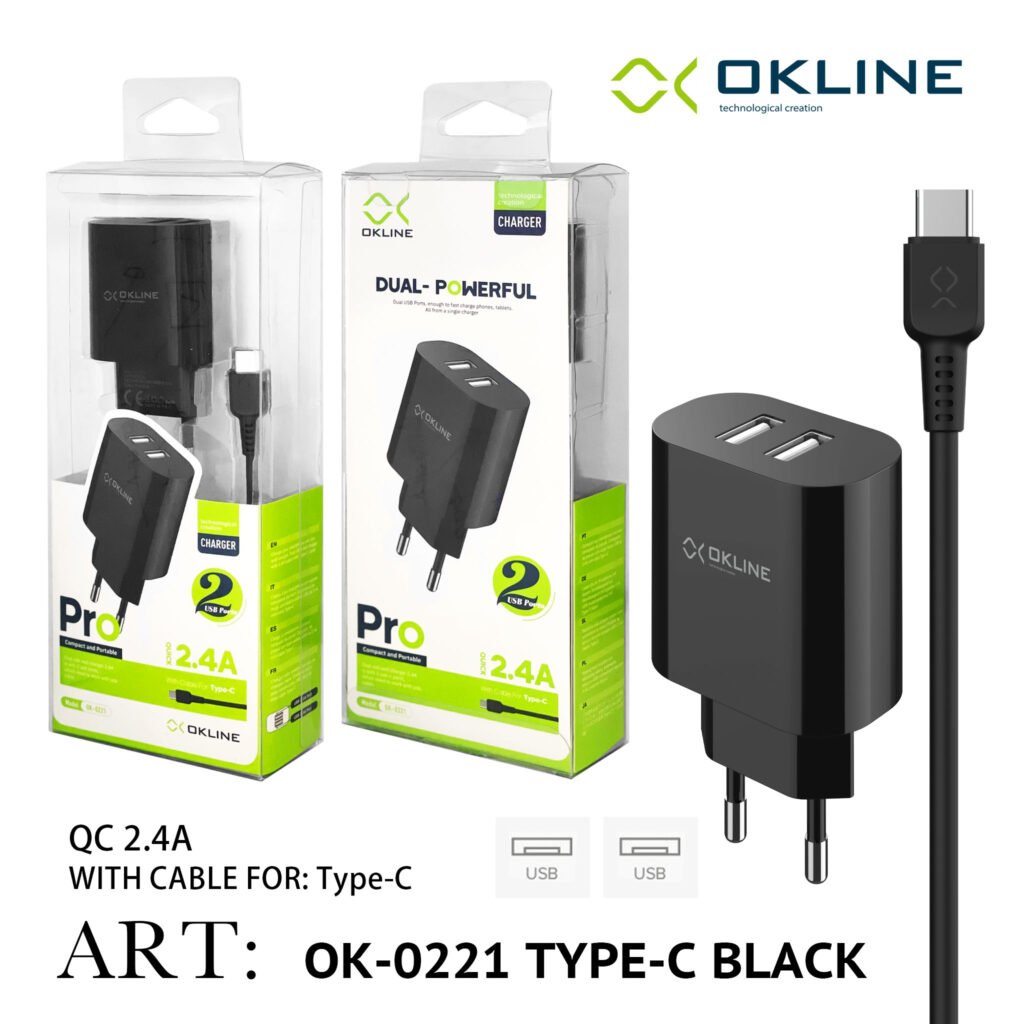 Art.Ok-0221Tc Okline Caricatore Da Muro Doppia Usb 2.4A Con Type-C Usb Cavo Nero