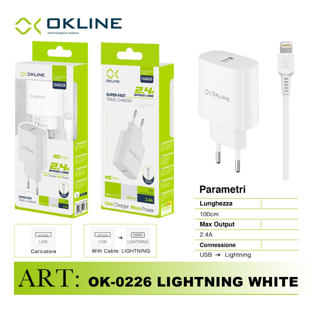 Art.Ok-0226Ip Okline Caricatore Da Muro Usb 2.4A Con Iphone Lightning Usb Cavo Bianco
